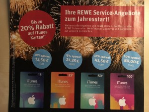 Januar 2016: iTunes-Guthabenkarten im Angebot bei Rewe (Foto aus Rewe-Prospekt)