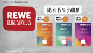 iTunes-Karten in der Zeit vom 04.09.2017 bis zum 09.09.2017 bei Rewe im Angebot (Screenshot des Werbe-PDFs)
